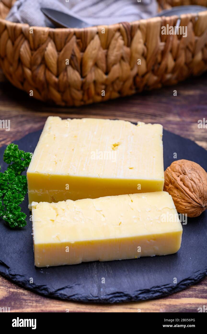 British hard cheeses made from cow milk matured cheddar from Somerset