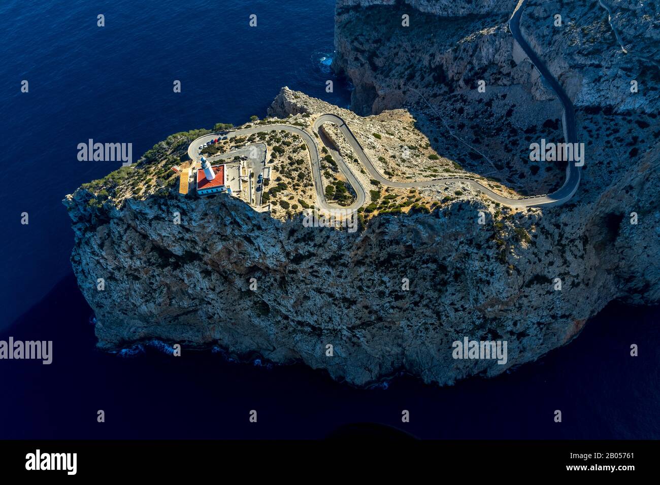 Aerial view, Cap Formentor Peninsula, Far de Formentor, Lighthouse, Pollença, Mallorca, Balearic Islands, Spain, Europe, Viewing platform, Balearic Is Stock Photo