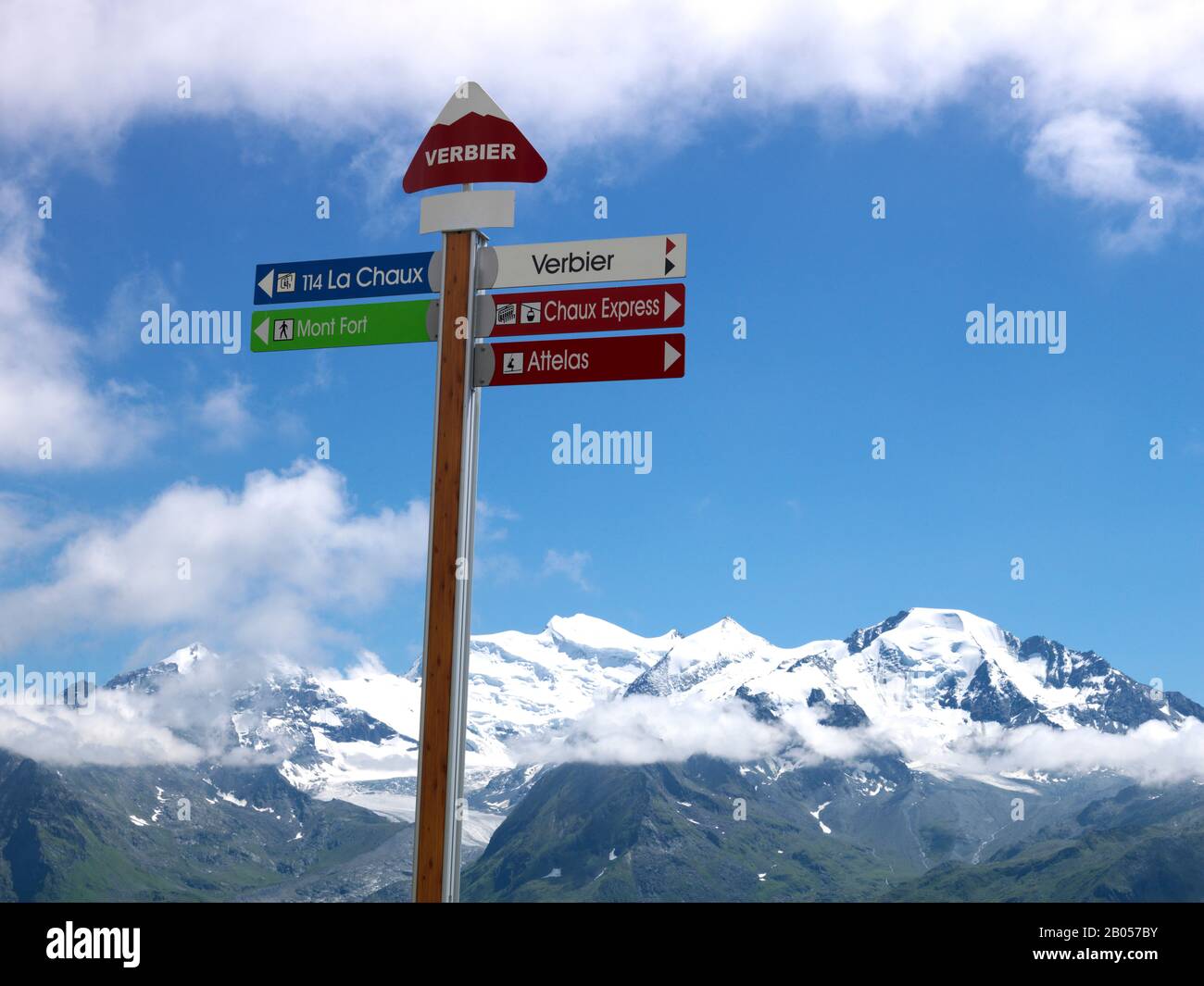 Low angle view of a signboard, Verbier, Bagnes, Entremont, Valais Canton, Switzerland Stock Photo