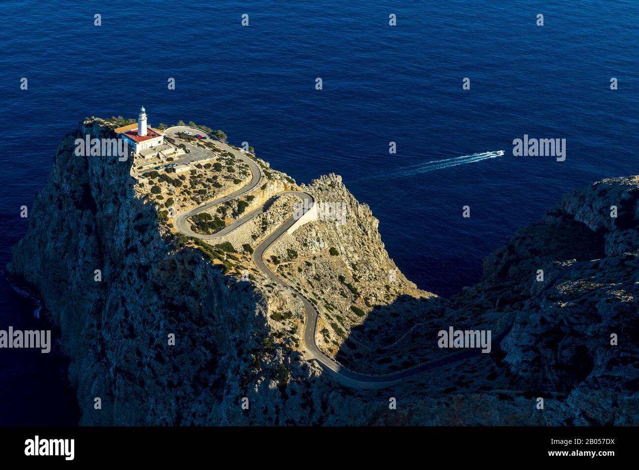 Aerial view, Cap Formentor peninsula, Far de Formentor, lighthouse, Pollença, Mallorca, Balearic Islands, Spain, Europe, observation deck, Balearic Is Stock Photo