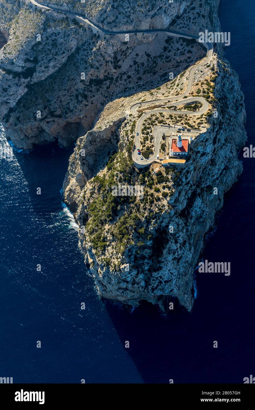 Aerial view, Cap Formentor Peninsula, Far de Formentor, Lighthouse, Pollença, Mallorca, Balearic Islands, Spain, Europe, Viewing platform, Balearic Is Stock Photo