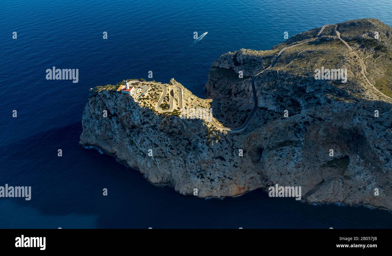Aerial view, Cap Formentor peninsula, Far de Formentor, lighthouse, Pollença, Mallorca, Balearic Islands, Spain, Europe, observation deck, Balearic Is Stock Photo