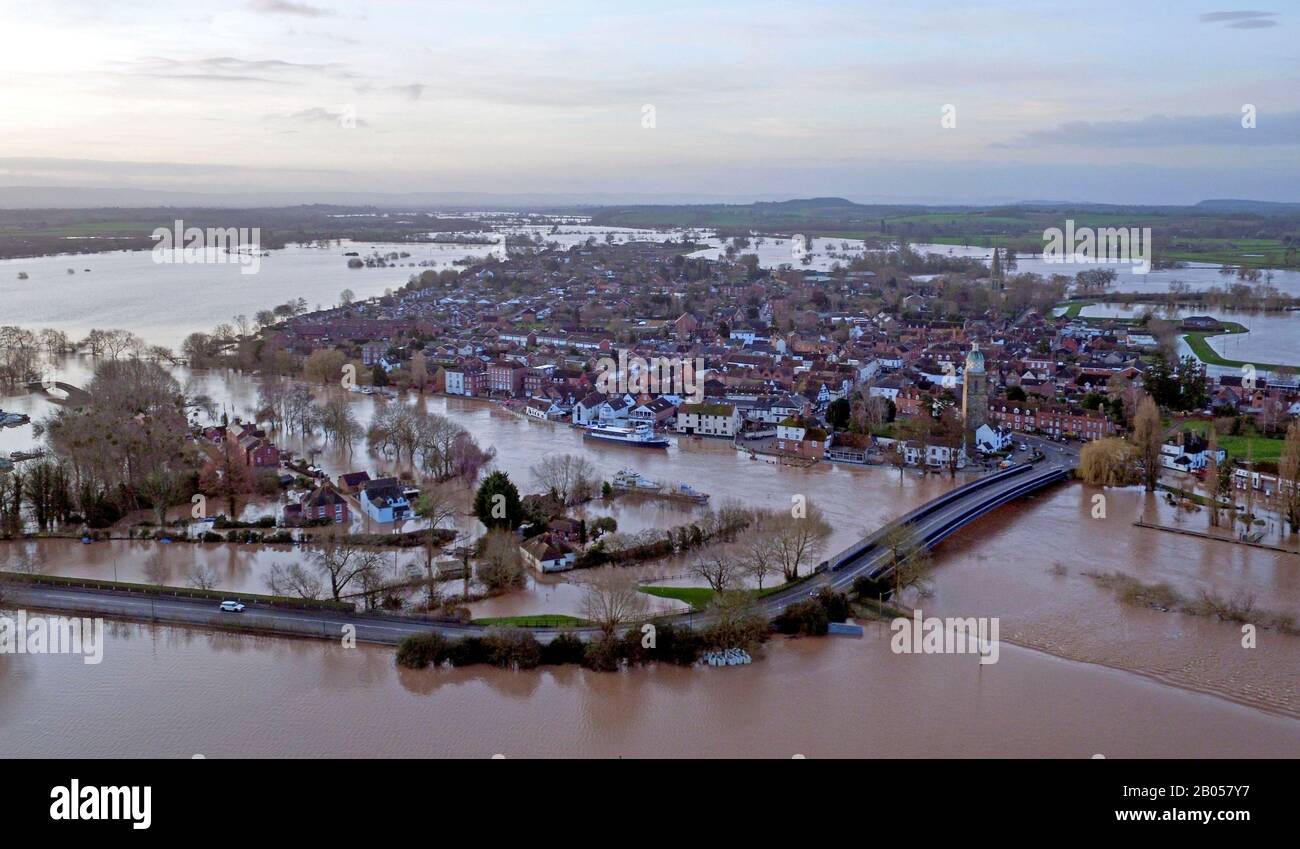 Flood water surrounds Upton upon Severn in Worcestershire. PA Photo. Picture date: Tuesday February 18, 2020. Severe flood warnings remain in place in the wake of Storm Dennis, with more rain expected to fall later this week. See PA story WEATHER Storm. Photo credit should read: Steve Parsons/PA Wire Stock Photo