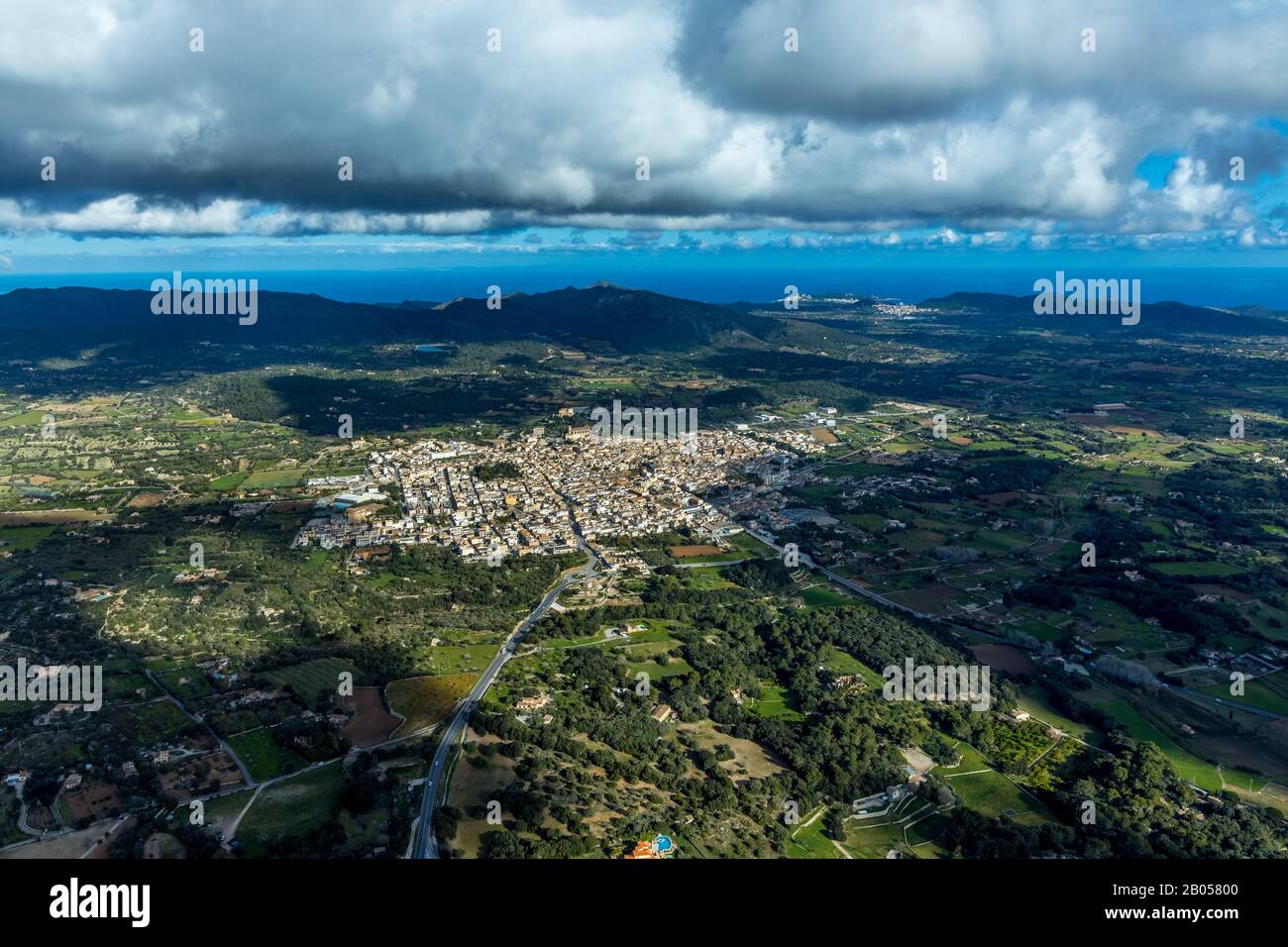 aerial view, view of Artà, Artà massif, wooded village centre, old town, coastal region, Artà, Balearic Islands, Spain, Europe, Mallorca, Balearic Isl Stock Photo