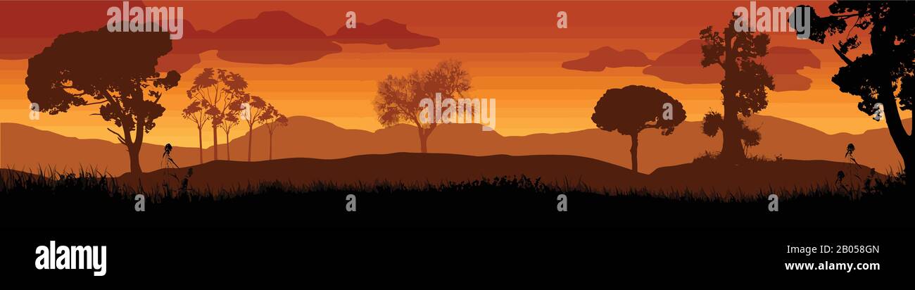 Beautiful sunset in savanna landscape, vector illustration Stock Vector
