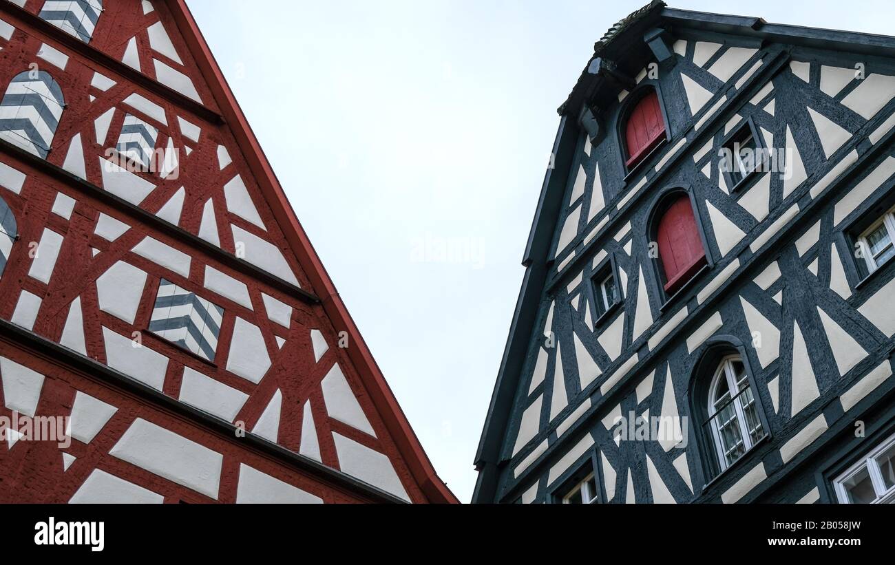 Rothenburg ob der Tauber, Germany - October 10, 2019: Close-up of half-timbered medieval houses in a German Bavarian town, the decorative wood pattern Stock Photo