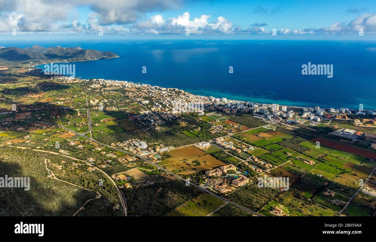Aerial view, local view Port Nou with hotel complexes, Cala Millor, Son Servera, Balearic Islands, Spain, Europe, Mallorca, Balearic Islands, ES, Espa Stock Photo