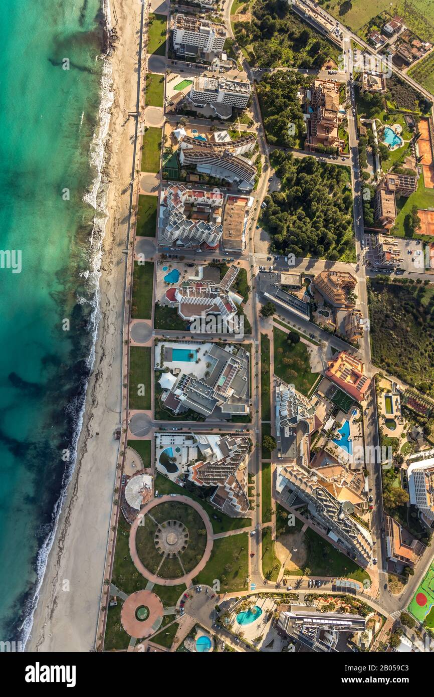 , Aerial view, hotel facilities on the beach Cala Millor, Son Moro, Sant Llorenç des Cardassar, Son Servera, Balearic Islands, Spain, Europe, Mallorca Stock Photo