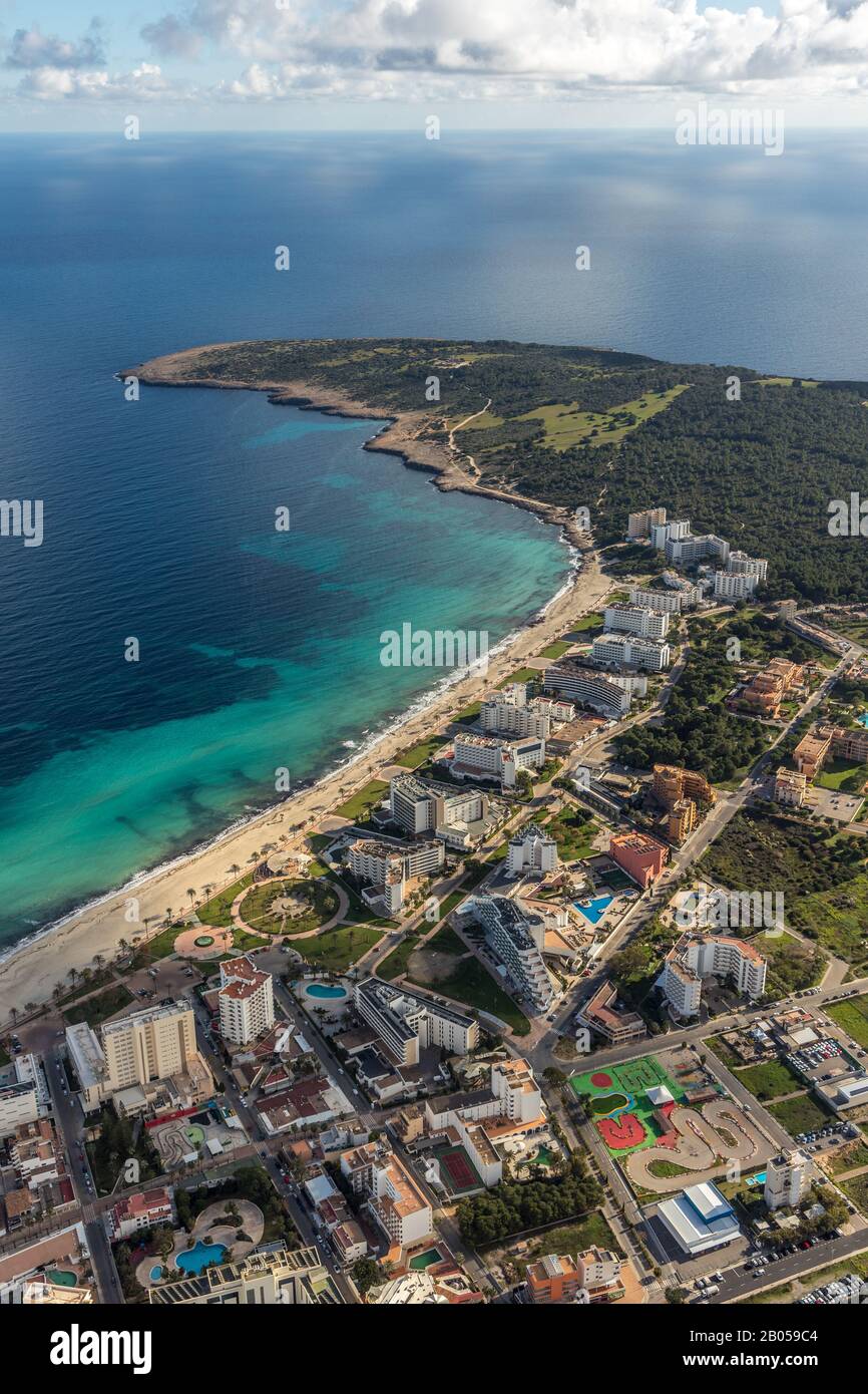 Aerial view, hotel complexes on the beach Cala Millor, Cala Millor promontory, Son Moro, Sant Llorenç des Cardassar, Son Servera, Balearic Islands, Sp Stock Photo