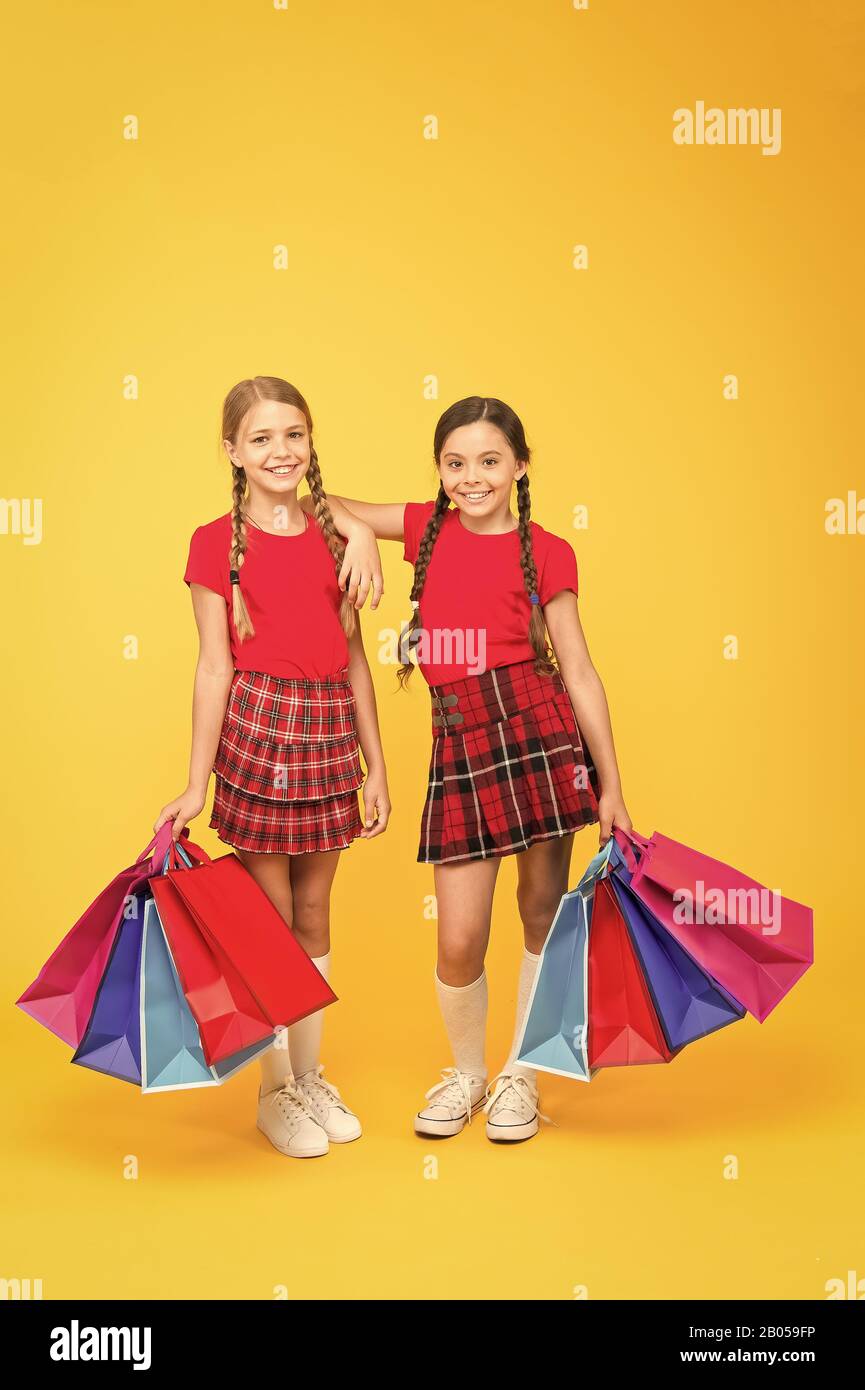Girls With Shopping Bags Rediscover Great Shopping Tradition Gifts And Souvenirs Shopping With Friend Children Hold Packages Best Day Ever Shopping And Purchase Black Friday Sale Discount Stock Photo Alamy