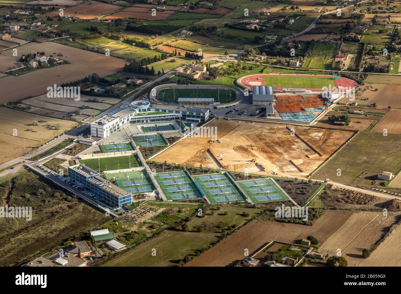 , aerial view, R.N. Sport Center, Rafael Nadal Tennis Center, Construction Site, Fartàritx, Manacor, Mallorca, Balearic Islands, Spain, Europe, Arena, Stock Photo