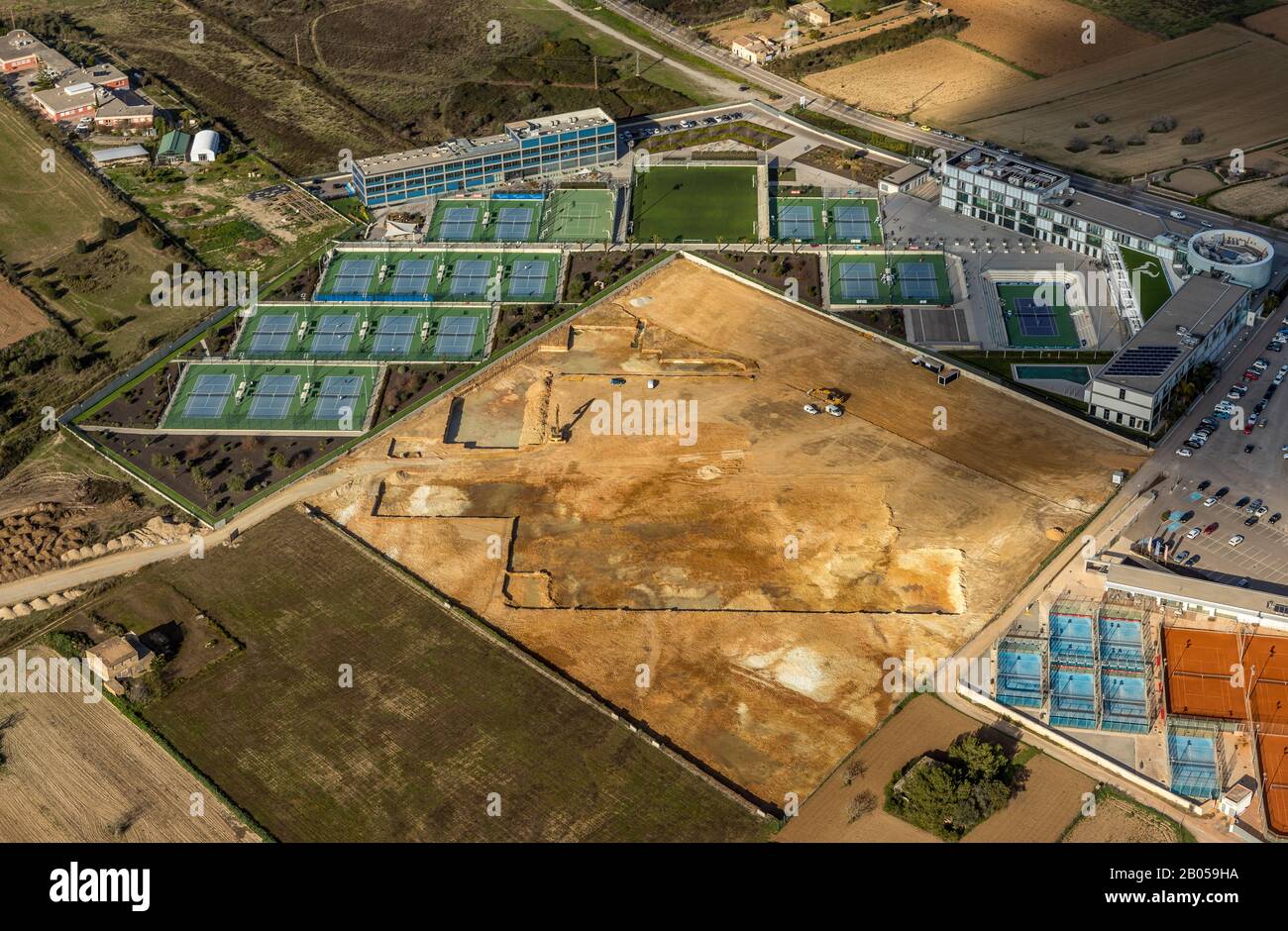 , aerial view, R.N. Sport Center, Rafael Nadal Tennis Center, Construction Site, Fartàritx, Manacor, Mallorca, Balearic Islands, Spain, Europe, Arena, Stock Photo