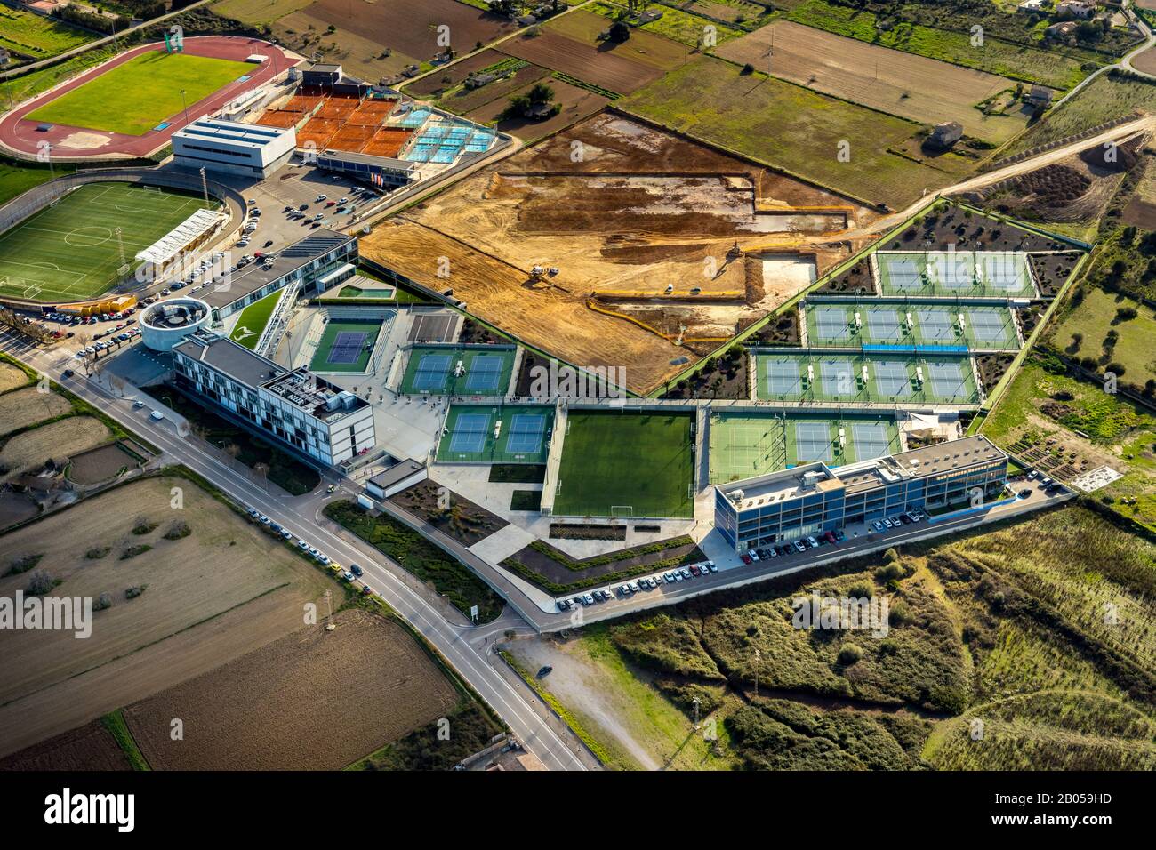 , aerial view, R.N. Sport Center, Rafael Nadal Tennis Center, Construction Site, Fartàritx, Manacor, Mallorca, Balearic Islands, Spain, Europe, Arena, Stock Photo