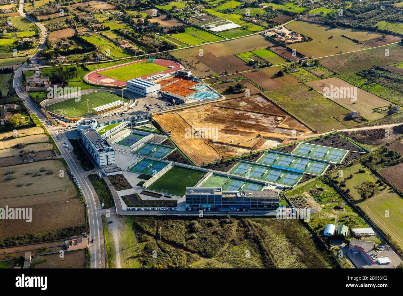 aerial view, R.N. Sport Center, Rafael Nadal Tennis Center, Construction  Site, Fartàritx, Manacor, Mallorca, Balearic Islands, Spain, Europe, Arena  Stock Photo - Alamy