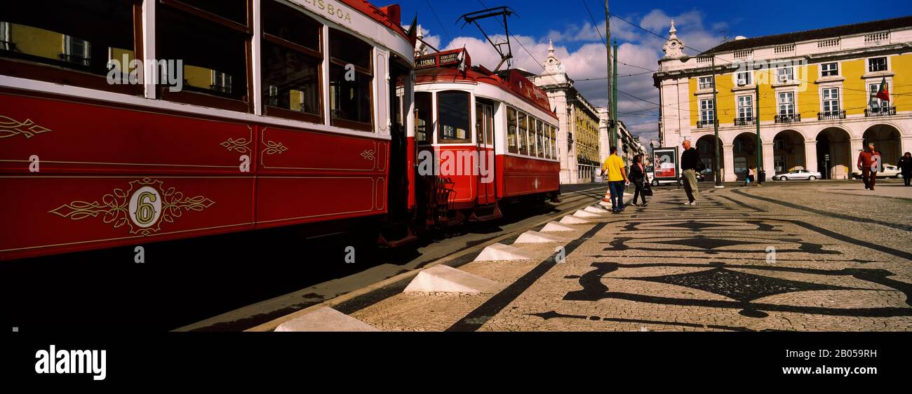 Cable cars in a city, Praca do Comercio, Lisbon, Portugal Stock Photo