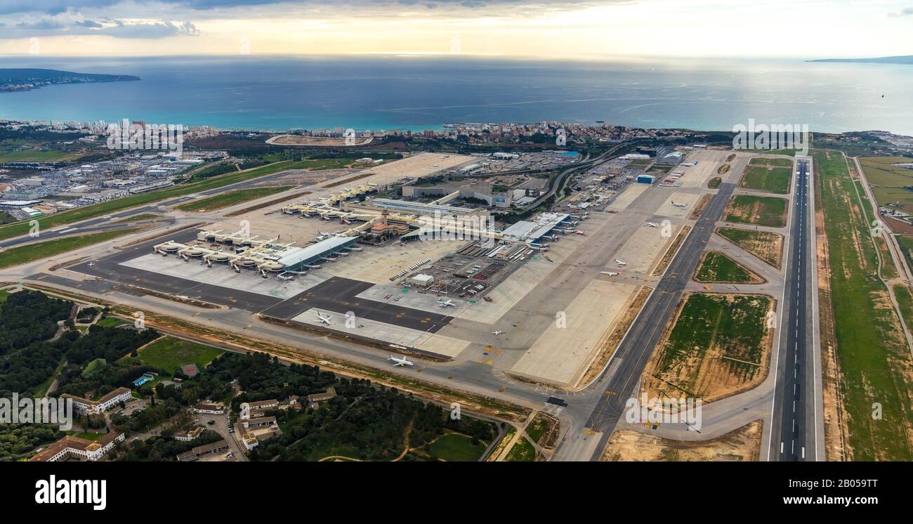 Aerial photo, Aeroport de Palma, Airport Palma de Mallorca, Runway, Palma, Balearic Islands, Spain, Europe, Mallorca, Terminal building, Balearic Isla Stock Photo