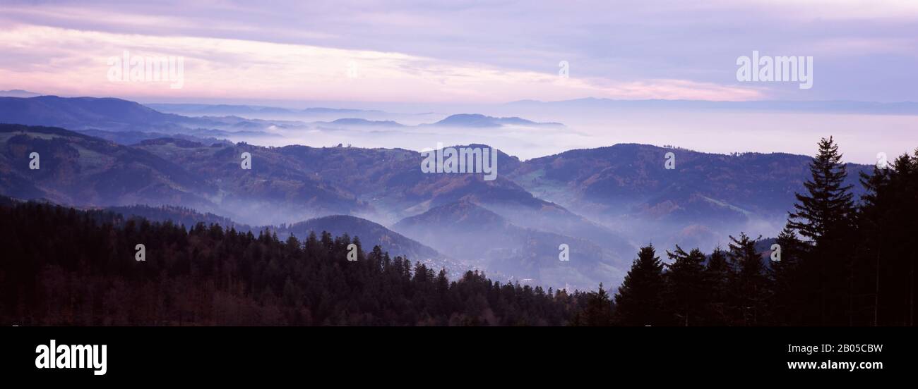 Hills covered with fog, Northern Black Forest Region, Baden-Wurttemberg, Germany Stock Photo