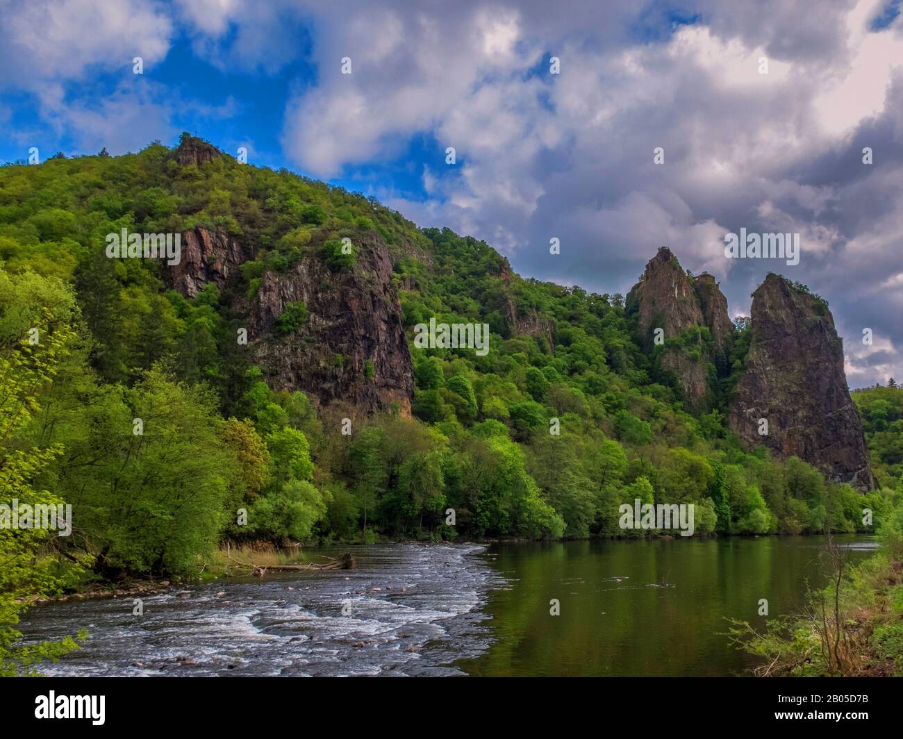 Rheingrafenstein, Porphyry rock formation on the Nahe riverbank, Bad Muenster am Stein, Germany, Rhineland-Palatinate, Bad Kreuznach Stock Photo