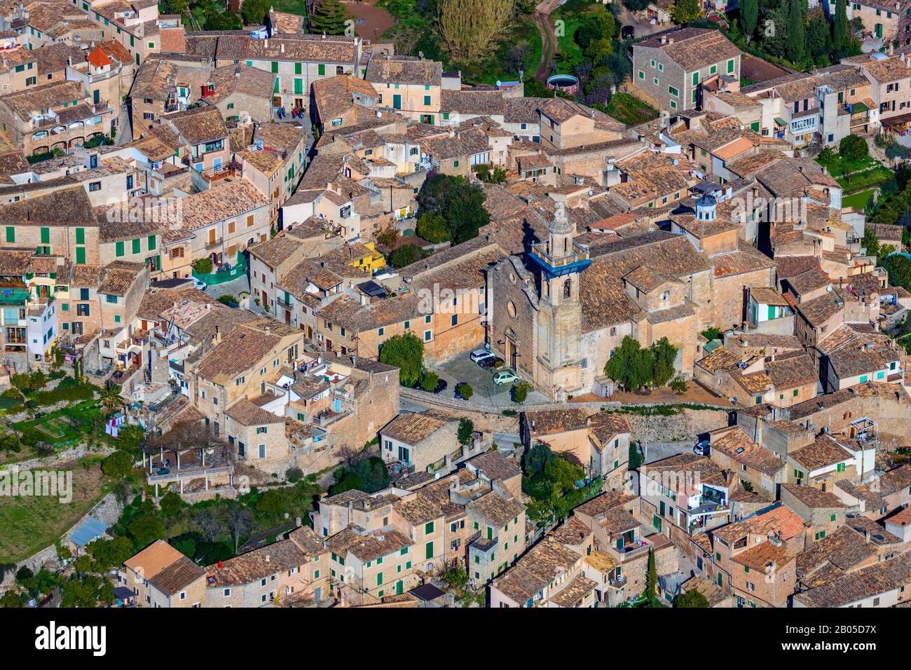city centre of Valldemossa with church Esglesia de Sant Bartomeu, 09.01.2020, Luftbild, Spain, Balearic Islands, Majorca, Valldemossa Stock Photo
