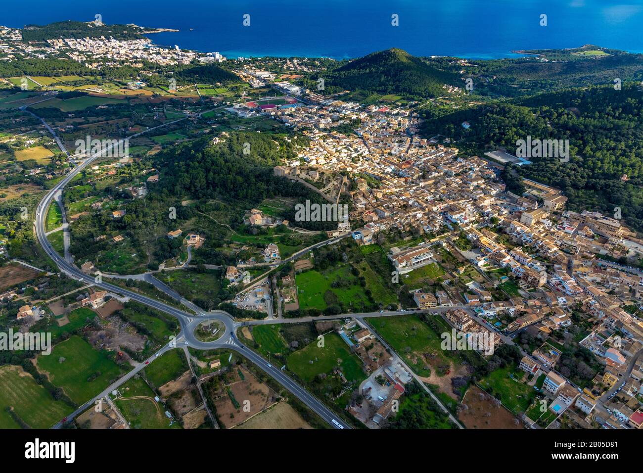 roundabout at Capdepera, 09.01.2020, aerial view, Spain, Balearic Islands, Majorca, Capdepera Stock Photo