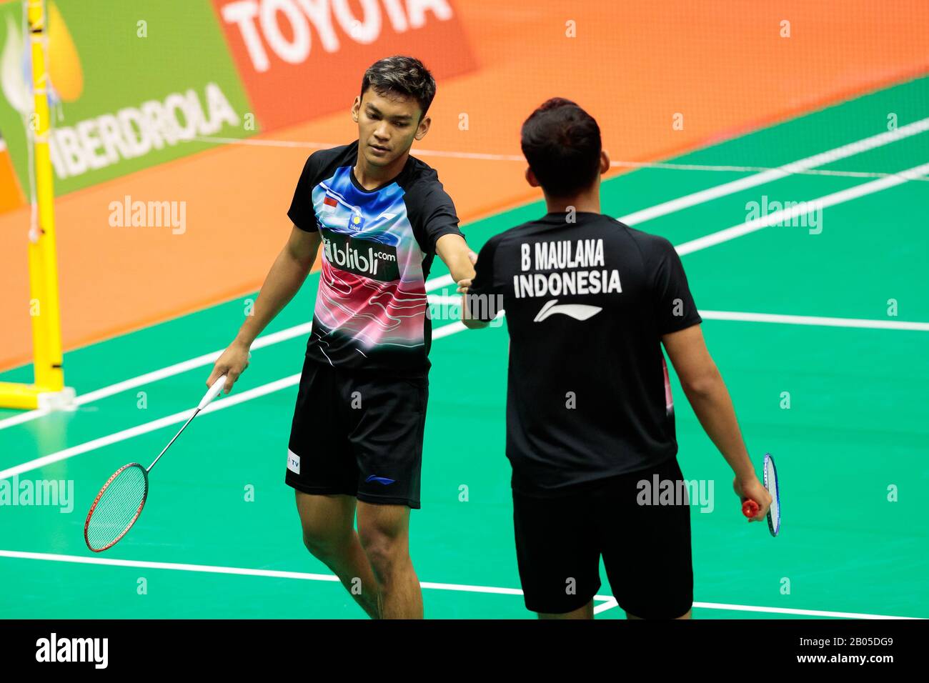 Muhammad Shohibul Fikri and Bagas Maulana of Indonesia competes in the  Men's team double qualification Round 1 match against Ronan Labar and Brice  Leverdez of France on day one of the Barcelona
