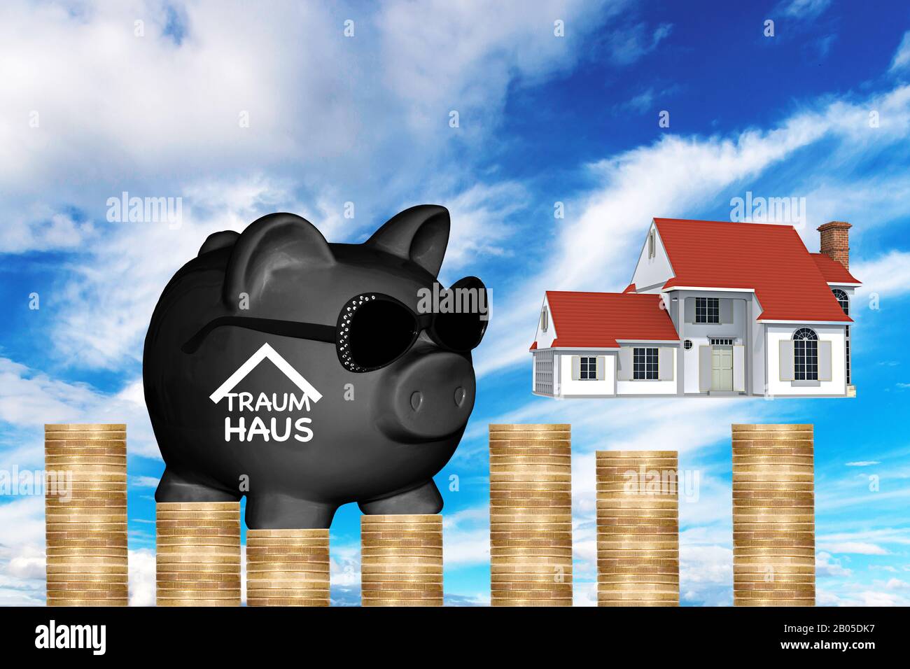 black piggy bank with sun glasses with lettering Traumhaus, dream of owning a house, house, sky and stack of coins in background, composing Stock Photo