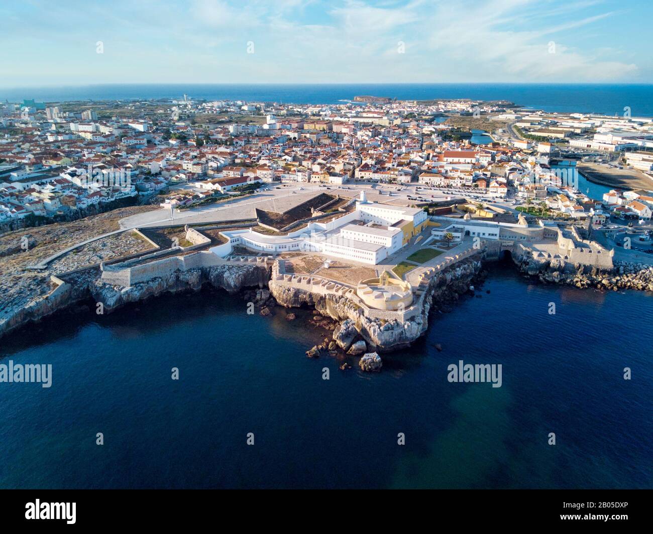 Aerial View Of Peniche Fortress And City At Sunset Stock Photo