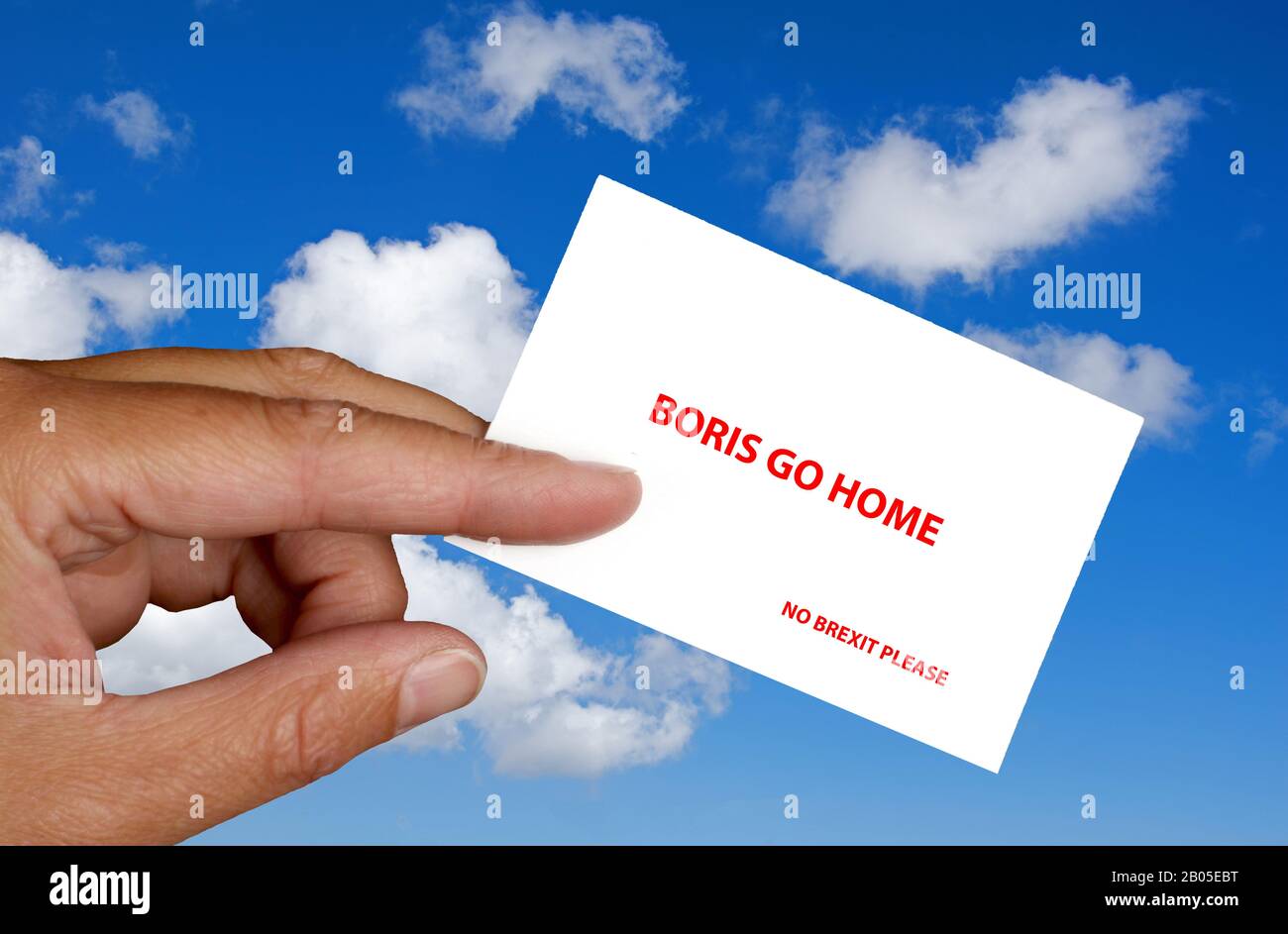 hand against blue sky holding card lettering Boris go home, No brexit please, Germany Stock Photo