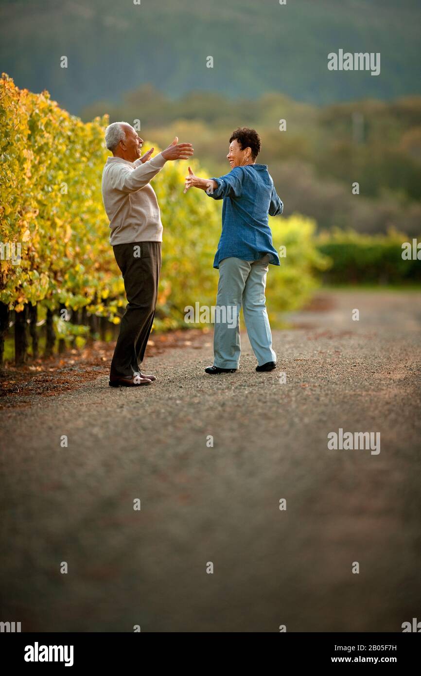 Senior couple dancing in a vineyard. Stock Photo