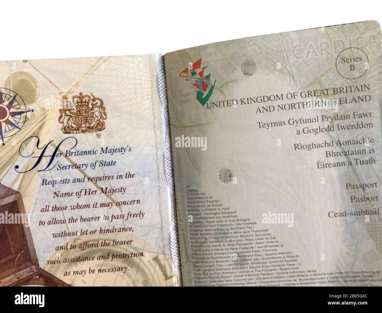 The interior of the new Post-Brexit 2020 British Passport without any reference to the European Union Stock Photo