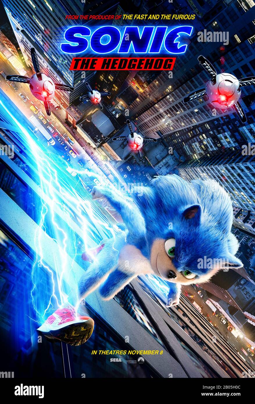 Sonic the Hedgehog (2019) directed by Jeff Fowler and starring Jim Carrey, James Marsden and Neal McDonough. Big screen outing for Sega Games beloved character. Stock Photo