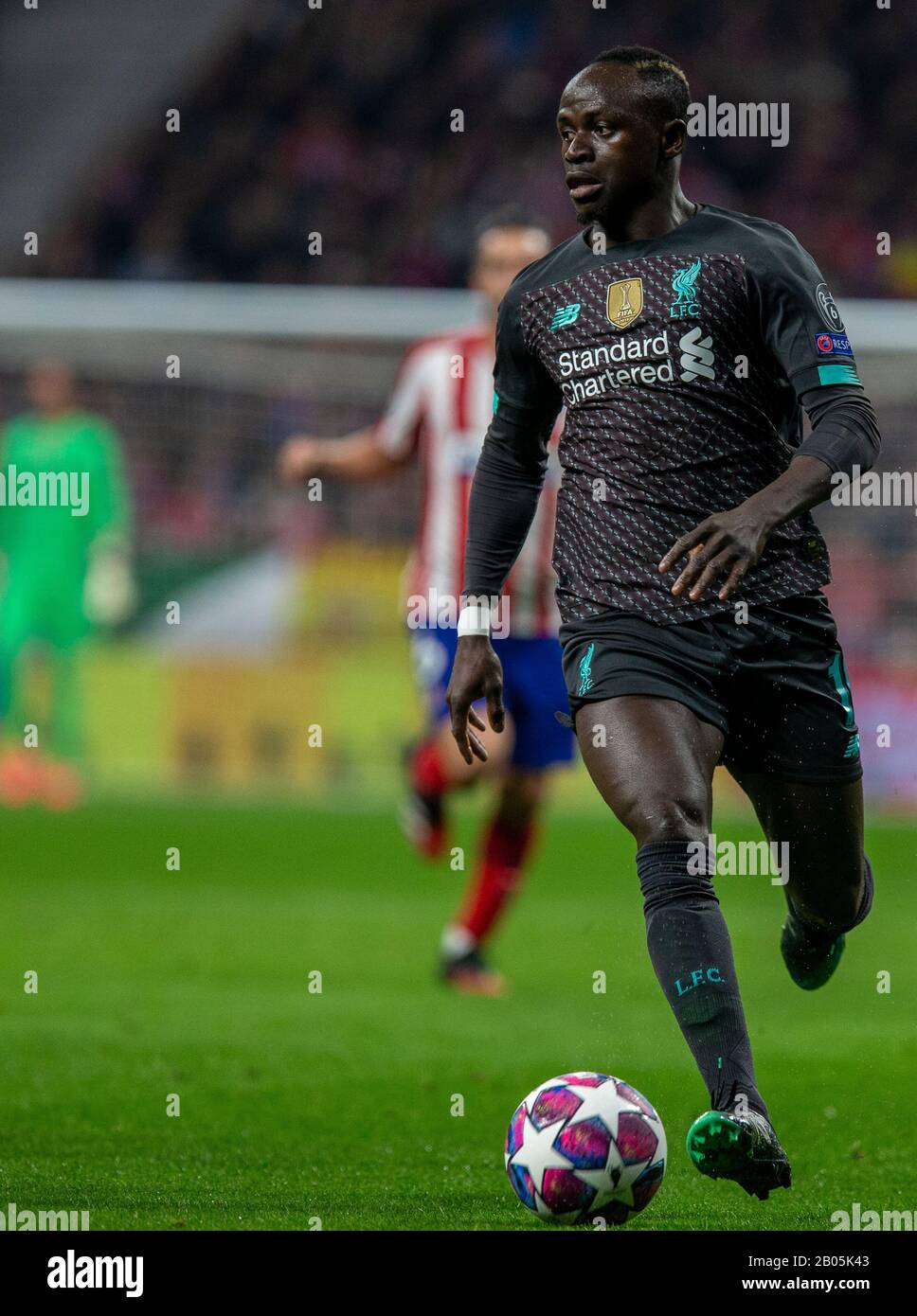 Liverpool's FC Sadio Mane seen in action during the UEFA Champions League match, round of 16 first leg between Atletico de  Madrid and Liverpool FC at Wanda Metropolitano Stadium in Madrid.(Final score; Atletico de Madrid 1:0 Liverpool FC) Stock Photo