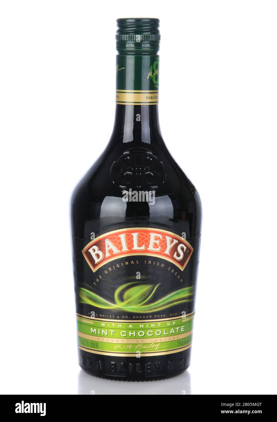 IRVINE, CA - January 11, 2013: A bottle of Baileys Mint Chocolate Irish Cream Liqueur. Baileys, introduced in 1974, was the first Irish Cream to be br Stock Photo
