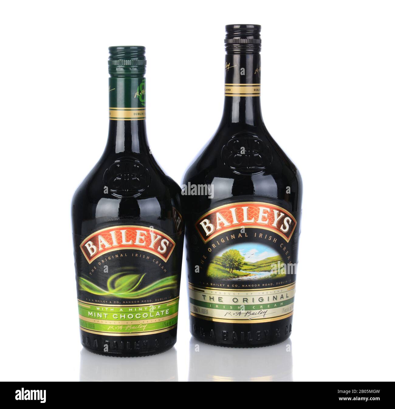 IRVINE, CA - January 11, 2013: A bottle of Baileys Irish Cream and Mint Chocolate Liqueur. Baileys, introduced in 1974, was the first Irish Cream to b Stock Photo