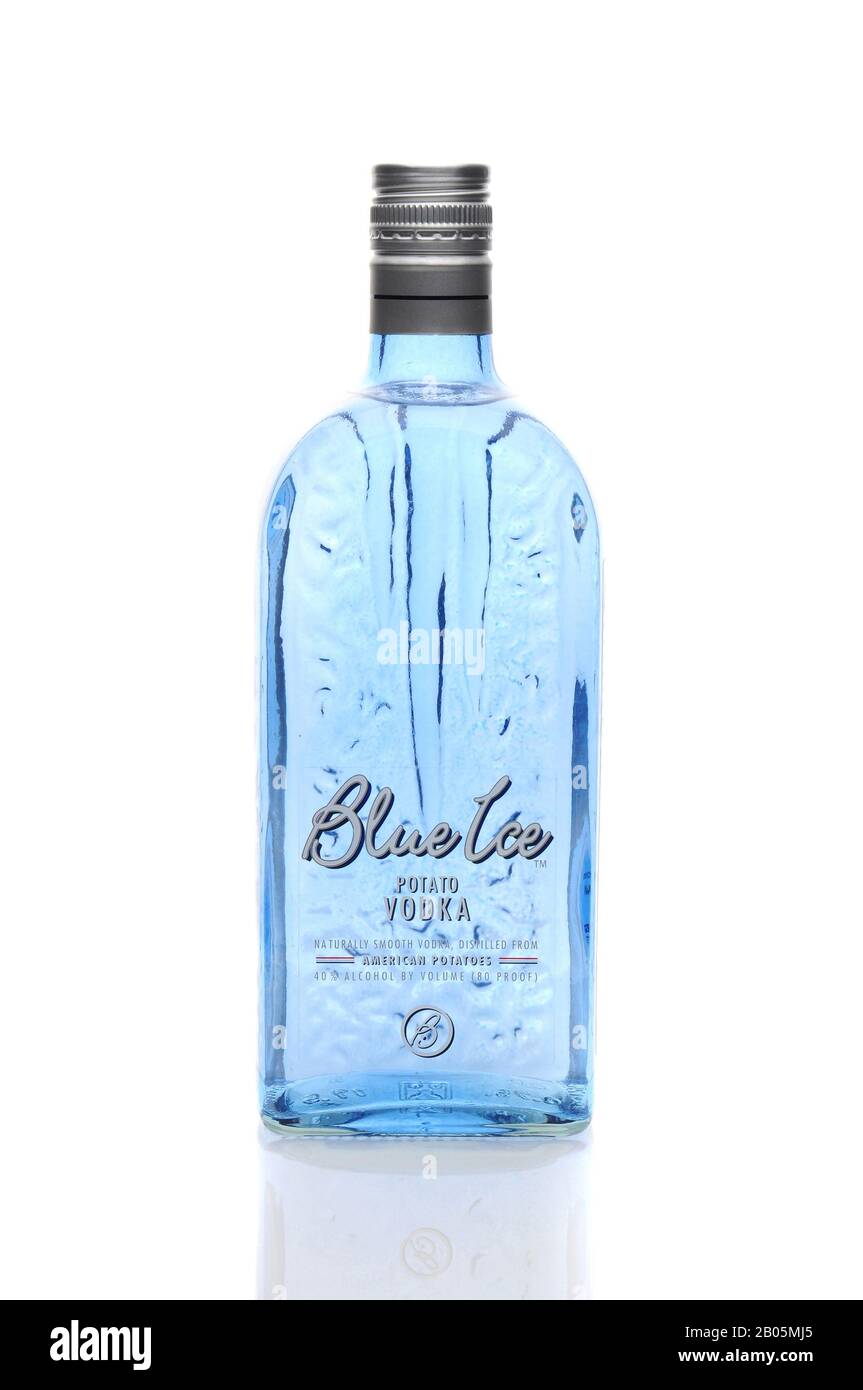 IRVINE, CA - January 11, 2013: A 750 ml bottle of  Blue Ice Vodka. Made by Distilled Resources, Inc in Rigby, Idaho, who are the  first to produce pot Stock Photo