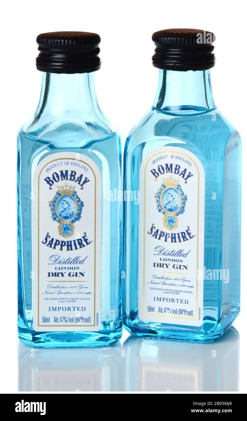 IRVINE, CA - JANUARY 15, 2015: Bombay Sapphire Gin. Its flavor comes from a recipe of almond, lemon peel, liquorice, juniper berries, orris root, ange Stock Photo