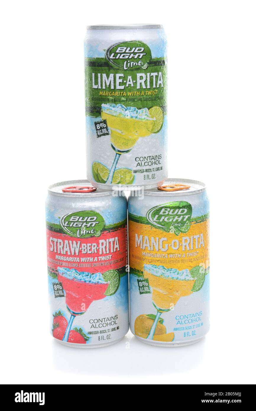IRVINE, CA - JUNE 16, 2014: Bud Light Margarita With A Twist cans. The beer base flavored drinks include, Lime-A-Rita, Straw-Beer-Rita, Mang-O-Rita. Stock Photo