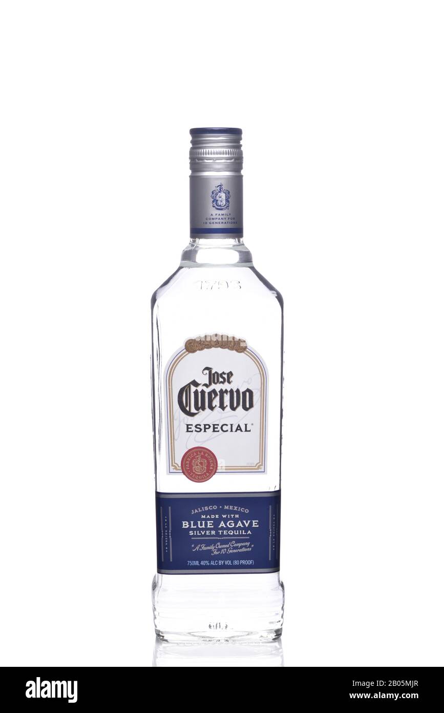 IRVINE, CALIFORNIA - MAY 23, 2018: A bottle of Jose Cuervo Blue Agave Silver Tequila. Cuervo is one of the most popular tequilas in the world. Stock Photo