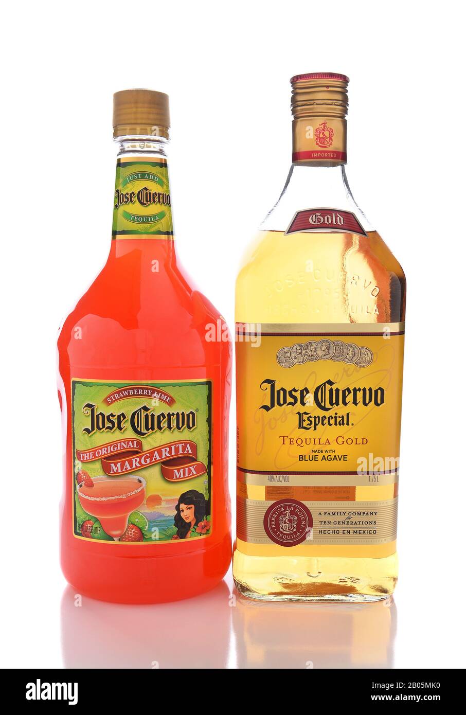 IRVINE, CALIFORNIA - JANUARY 13, 2017: Jose Cuervo Tequila and Strawberry Margarita Mix. Cuervo is the best selling tequila in the world. Stock Photo