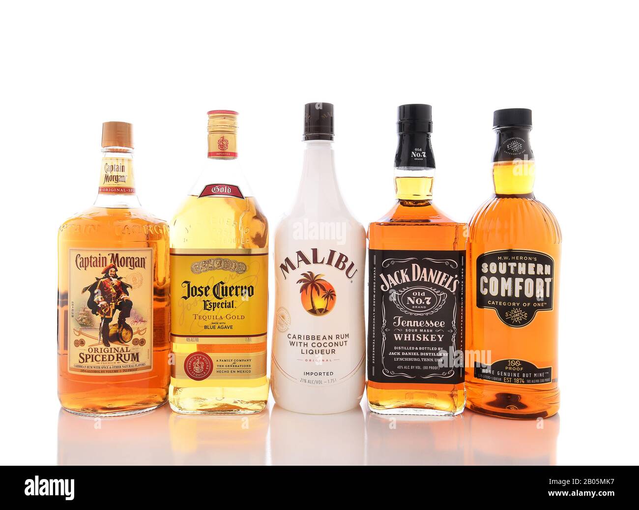 IRVINE, CALIFORNIA - JANUARY 13, 2017: Five Popular Alcohol Brands, Captain Morgan, Southern Comfort, Jack Daniels, Malibu, Jose Cuervo. Stock Photo