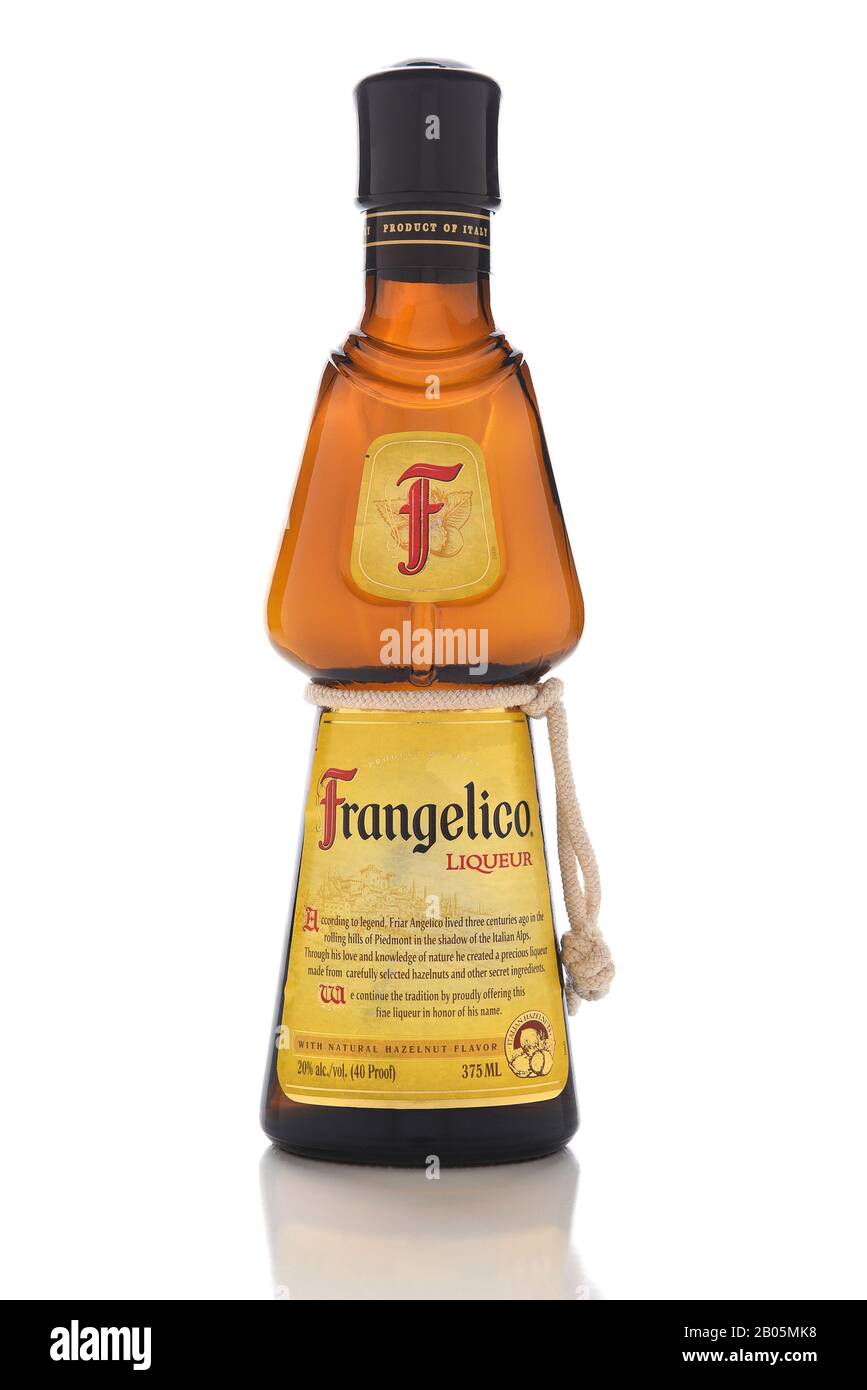 IRVINE, CALIFORNIA - JANUARY 13, 2017: Frangelico. A hazelnut and herb flavored liqueur, produced in Canala, Italy. The bottles is made to look like a Stock Photo