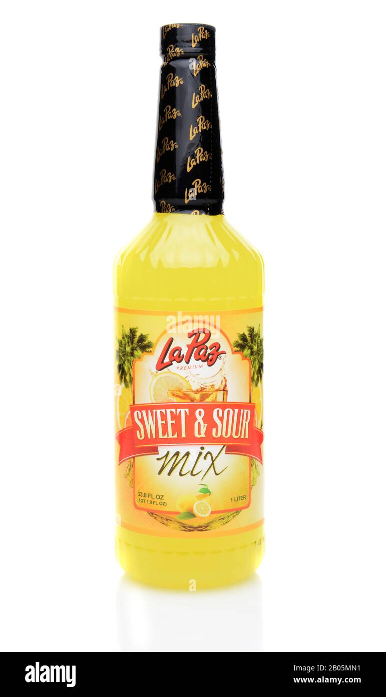 IRVINE, CALIFORNIA - JULY 16, 2014: A bottle of La Paz Sweet & Sour Mix. La Paz Products has been making high quality cocktail mixes in Brea, CA, sinc Stock Photo