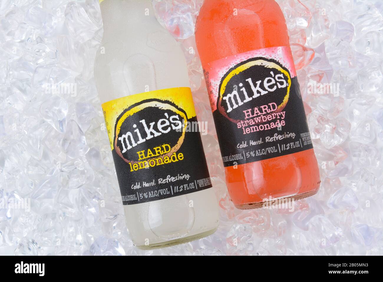 IRVINE, CA - AUGUST 15, 2016: Two bottles of Mikes Hard Lemonade on ice. Mikes produces a line of alcoholic lemonades in various fruit flavors. Stock Photo
