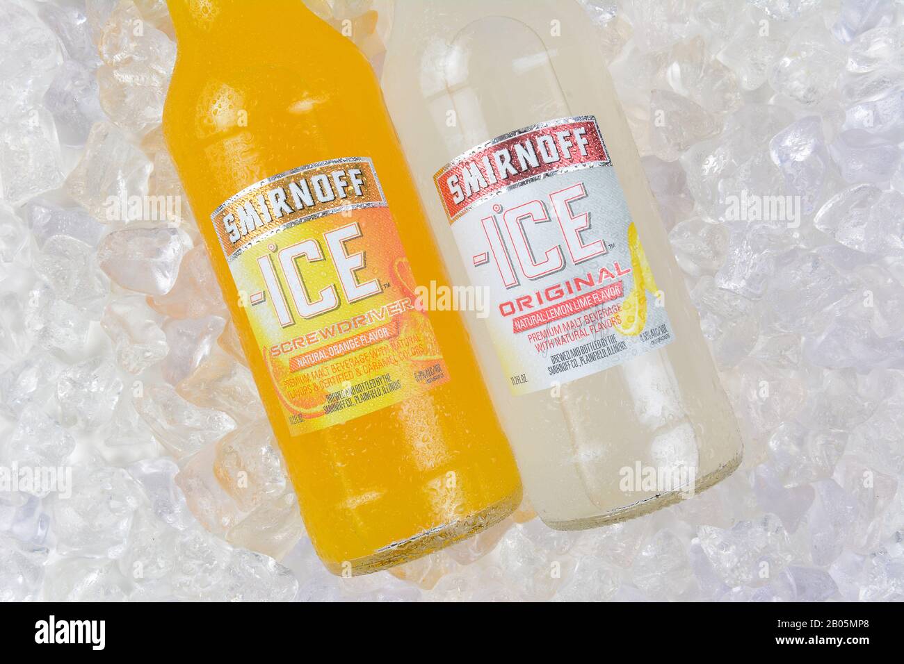 IRVINE, CA - JANUARY 4, 2018: Smirnoff Ice Original and Screwdriver. The Original Premium Flavored Malt Beverage with a delightfully crisp, citrus tas Stock Photo
