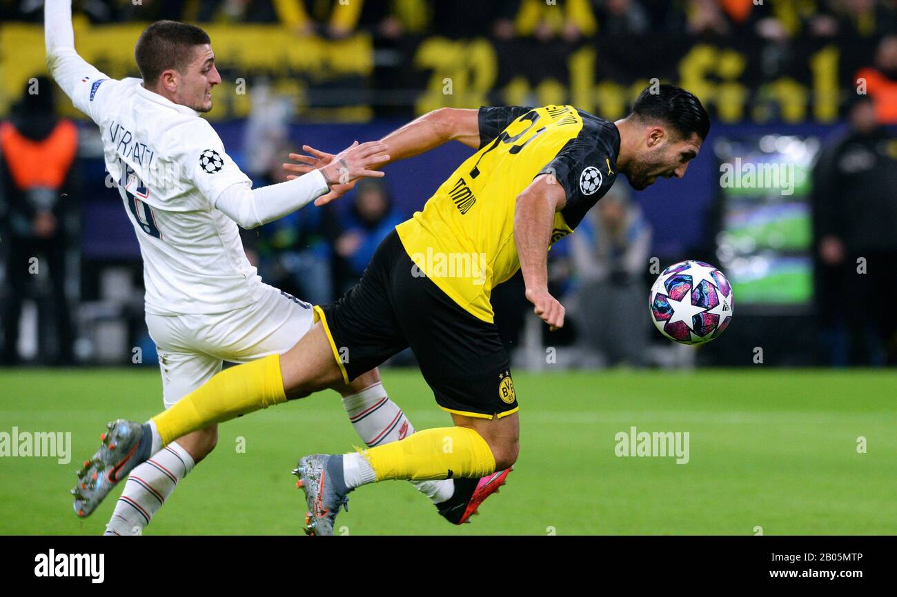 Emre Can (BVB) and Marco Verratti (PSG) vie for the ball during the UEFA  Champions League football match Borussia Dortmund vs Paris St. Germain  Stock Photo - Alamy