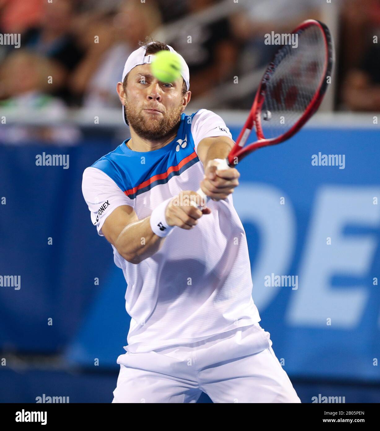 Delray Beach, Florida, USA. 18th Feb, 2020. Radu ALBOT (MDA) hits a  backhand during his match against Jack SOCK (USA) at the 2020 Delray Beach  Open ATP professional tennis tournament, played at