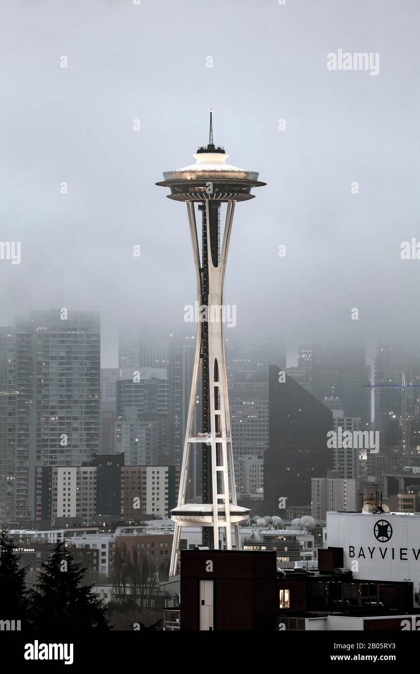 WA17168-00...WASHINGTON - The Space Needle and the Seattle skylineon a foggy morning viewed from Kerry Park. Stock Photo