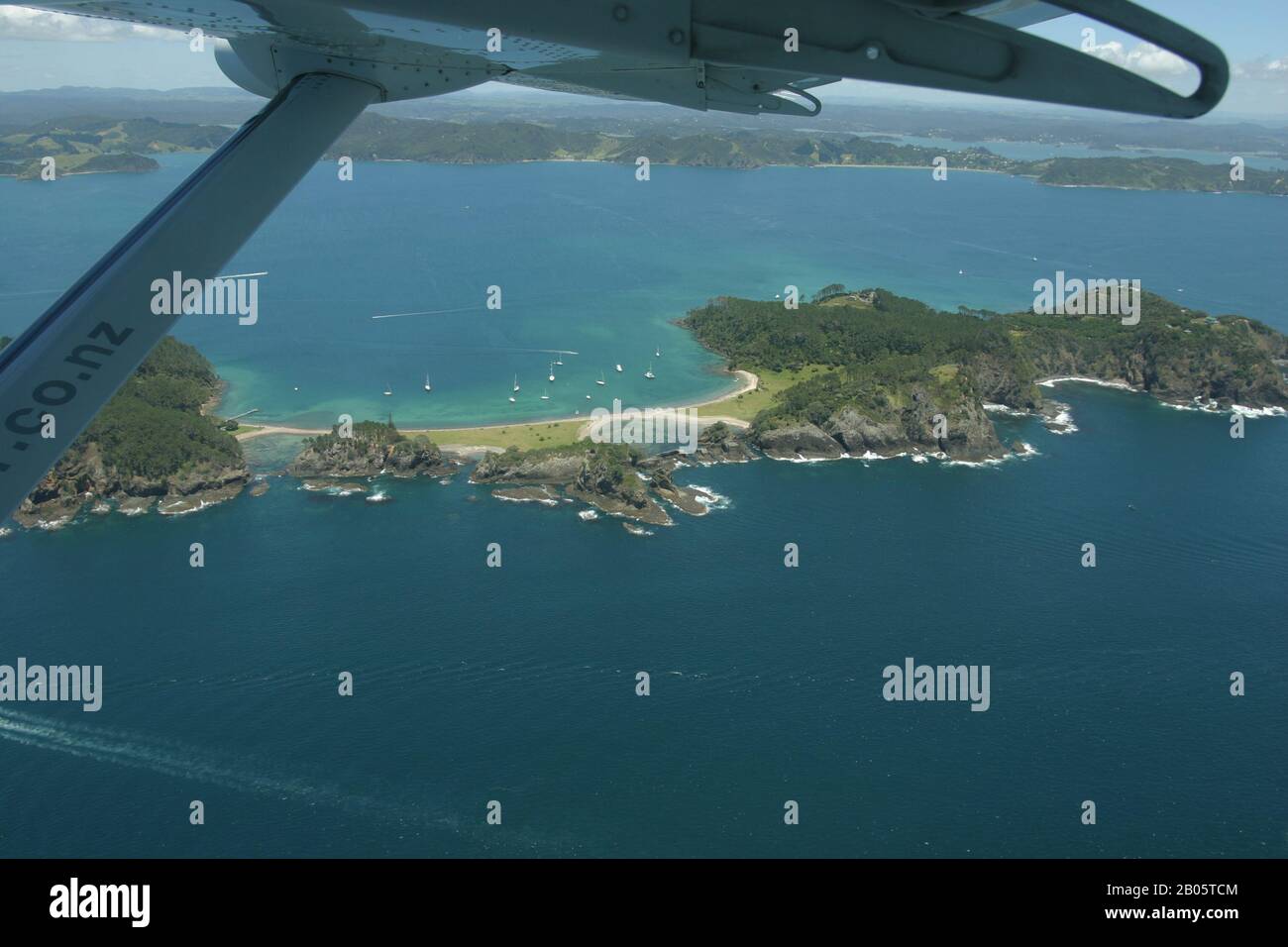 Flight over Bay of Islands, New Zealand Stock Photo