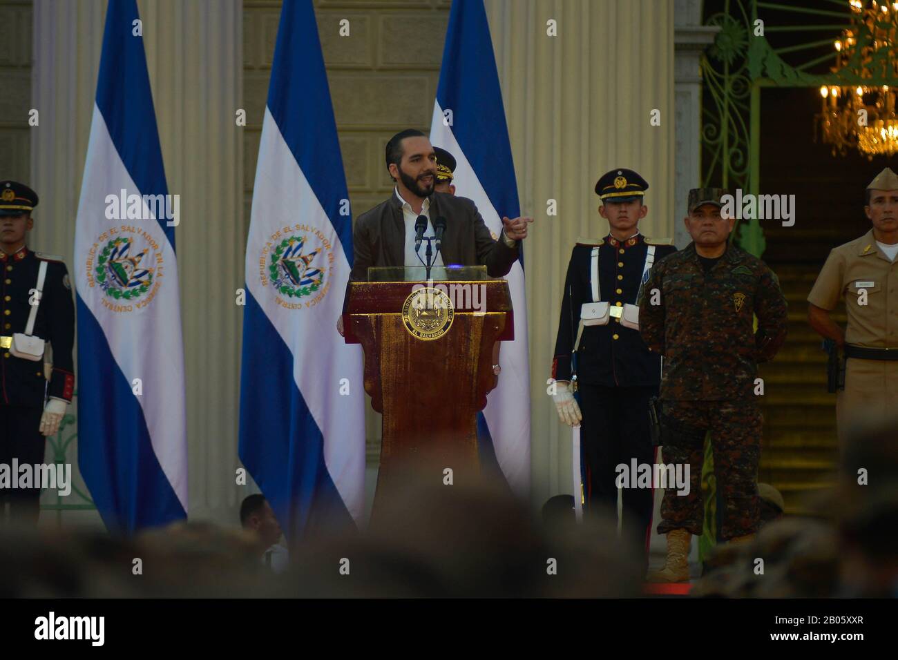 San Salvador, El Salvador. 18th Feb, 2020. President NAYIB BUKELE gestures while speaking to troops from the Salvadoran army.1400 troops where incorporated by President of El Salvador Nayib Bukele to El SalvadorÂ´s security plan ''Territorial Control''. This incorporation happens just nine days after Bukele busted into congress with the help of military to pressure lawmakers to approve a loan. Credit: Camilo Freedman/ZUMA Wire/Alamy Live News Stock Photo