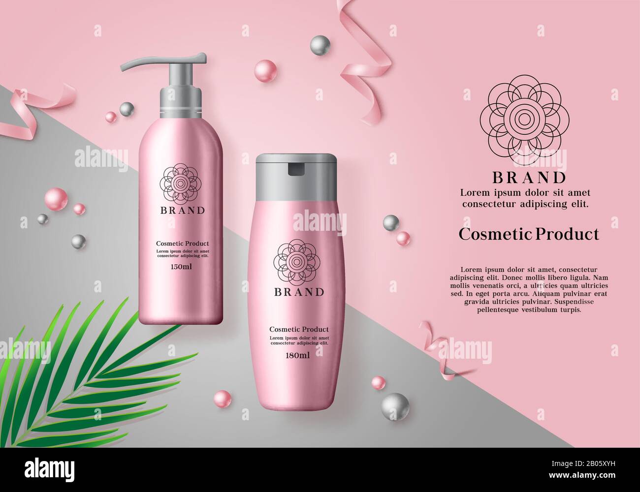 Cosmetic products vector banner template. Cosmetics mock up bottle of  whitening and moisturizing products in pink packaging and elegant background  Stock Vector Image & Art - Alamy